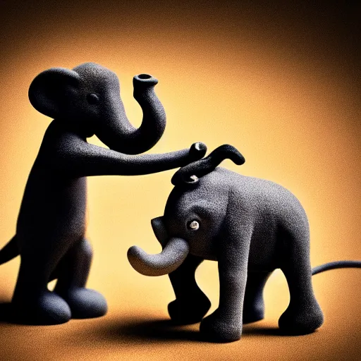 Prompt: elephant dancing with a mouse in claymation style tilt shift sharp focus dynamic lighting