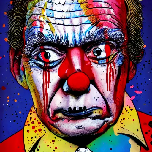 Prompt: Donald Trump clown, Ralph steadman, psychedelic, ink splatter, detailed, 4k