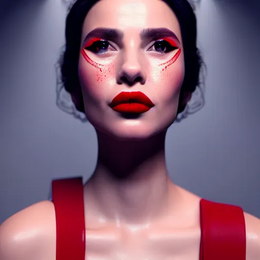 Prompt: hyperrealistic portrait of a women wearing thick red eyeliner with red lipstick, photorealistic, octane render, unreal engine, dynamic lighting, bet face, beautiful, wlop, cute, trending on artstation, fashion photography, volumetric lighting, very detailed faces, 4 k, award winning