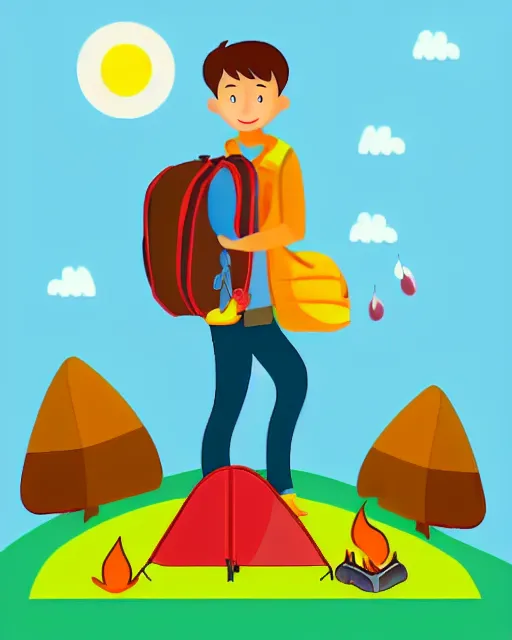 Prompt: autumn hillside boy with camping bag illustration light color