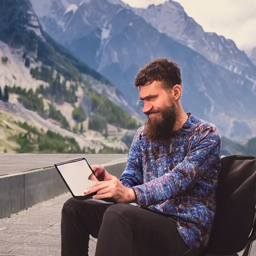 Prompt: digital painting of a software developer sitting outside in front of a modern campus building with beautiful mountains in the background, summer, alps, 4k, unreal, digital health, award winning, digital nomad, outdoor, solarpunk