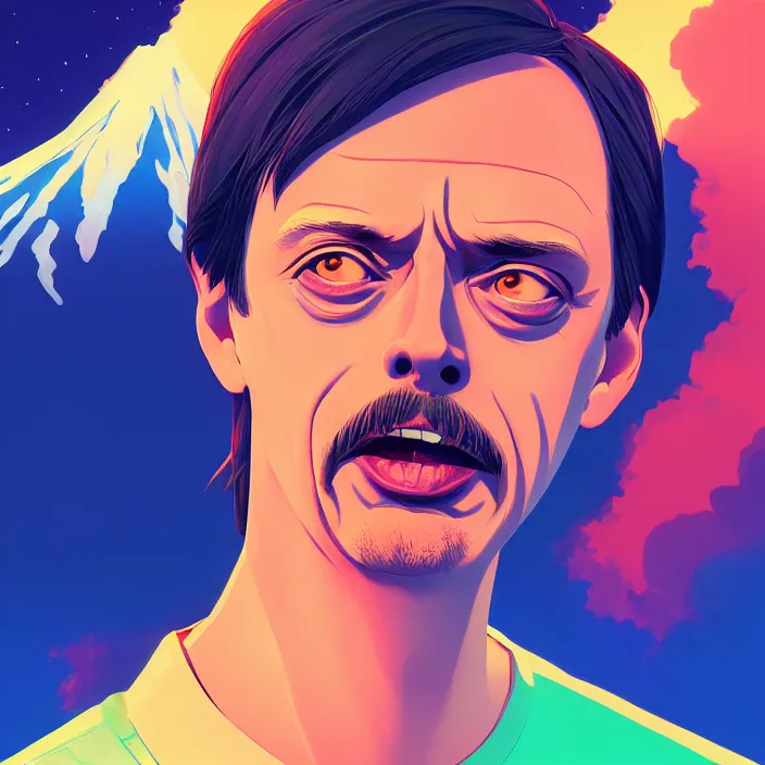 Image similar to portrait of steve buscemi, mount fuji background, rich vivid colors, ambient lighting, dynamic lighting, 4 k, hq, official media, anime key visual, makoto shinkai, ilya kuvshinov, lois van baarle, rossdraws, detailed, trending on artstation