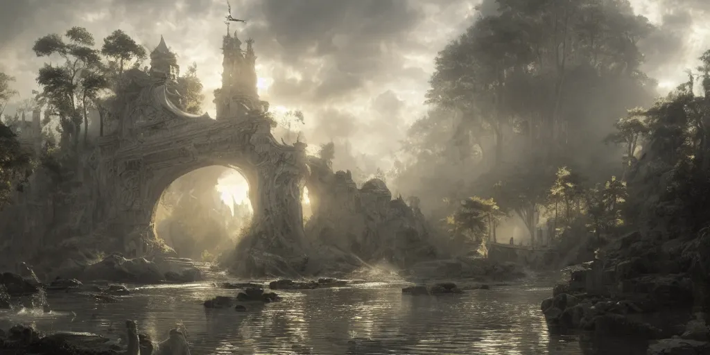 Image similar to gates of heaven, volumetric lighting, 8 k octane beautifully detailed render, post - processing, extremely hyper - detailed, intricate, epic composition, cinematic lighting, masterpiece, trending on artstation, detailed detailed detailed, masterpiece, stunning art by anders zorn, wonderful masterpiece by greg rutkowski, beautiful cinematic light,