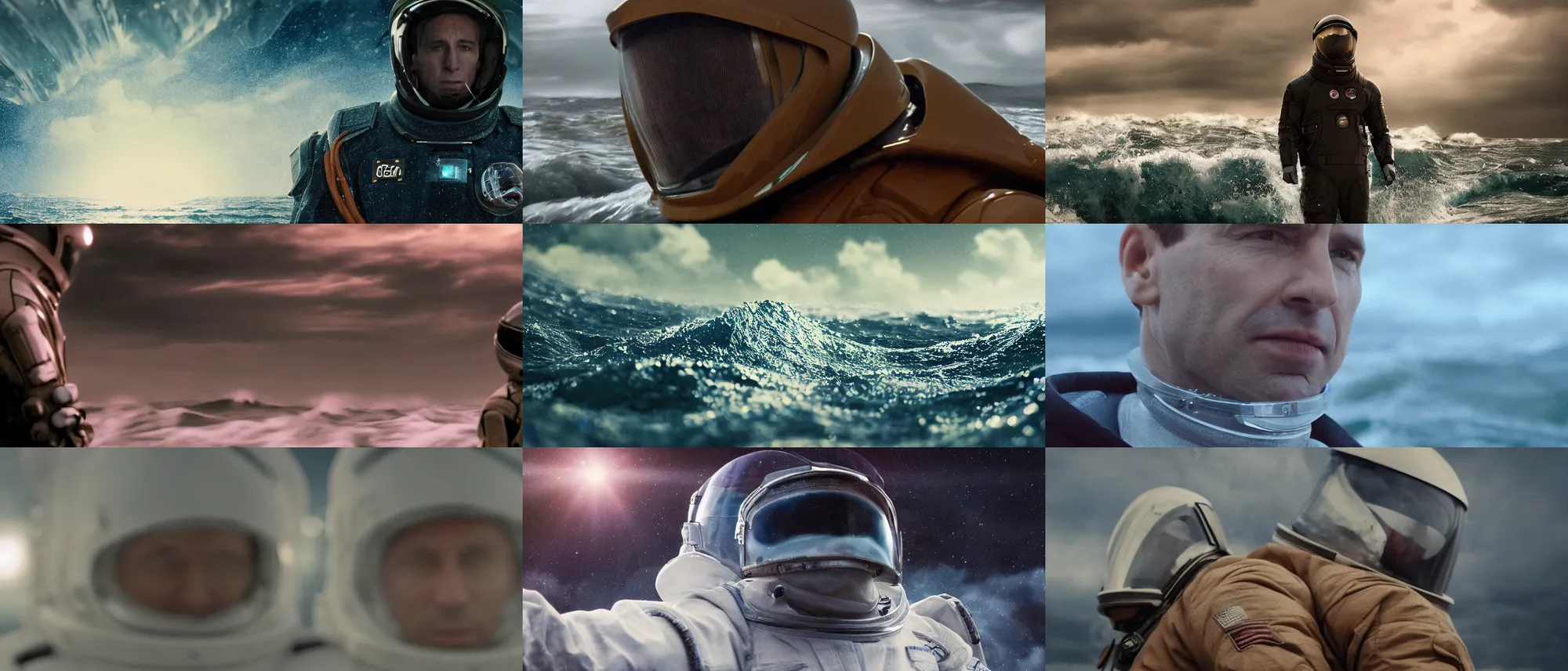 Prompt: on ocean , bokeh !!cinematic close up shot of saul goodman wearing the spacesuit in scene from the movie interstellar ,shady dull weather, panorama,natural dull colours, lens flares, anamorphic, epic cinematic, exteremely giant ocean wave in background