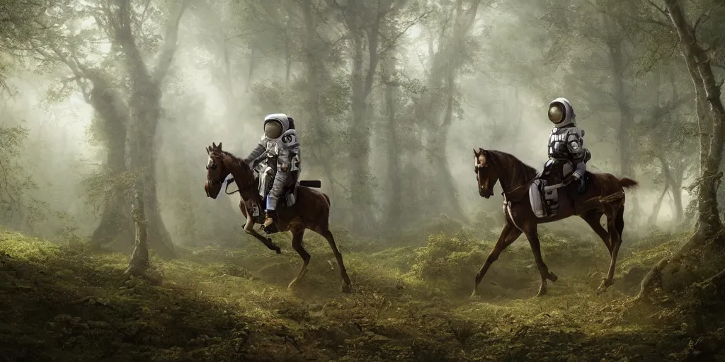 Image similar to an astronaut riding on the back of a white horse through a forest, a detailed matte painting by frieke janssens, featured on cgsociety, fantasy art, matte painting, reimagined by industrial light and magic, matte drawing