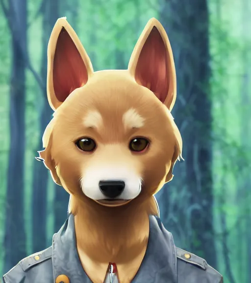 Prompt: close up character portrait icon of the anthro anthropomorphic very cute jindo dog trader head animal person fursona wearing clothes standing in the bright forest, hidari, color page, tankoban, 4 k, tone mapping, akihiko yoshida