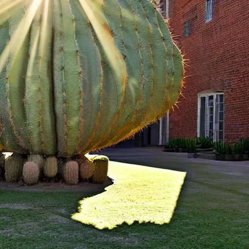 Image similar to a gigantic cactus in the centre of a courtyard, sun streaming in, shadows, high detail, realistic photo