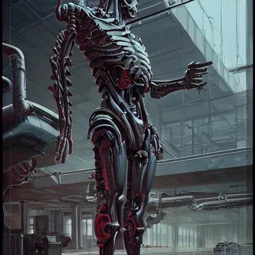 Image similar to ultradetailed illustration of a biomechanic evil cyborg posing in front of a futuristic mechanic lab, by greg rutkowski and Zdzisław Beksiński., photorealistic, 8k, intricate, futuristic, dramatic light, trending on cg society