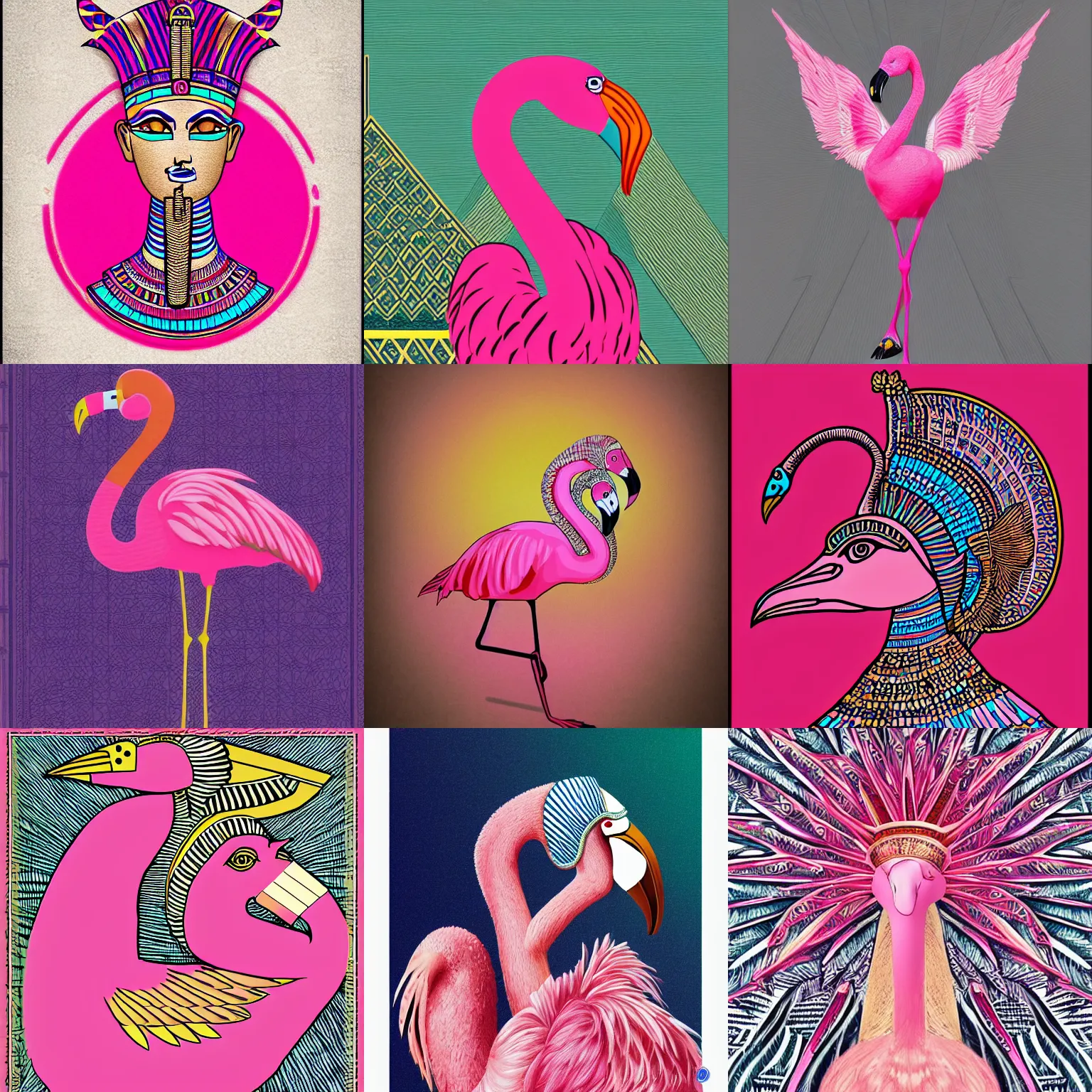 Prompt: a pink flamingo, wearing an egyptian crown, atef, highly intricate, egyptian clothing, pyramids background, award winning art, trending on artstation