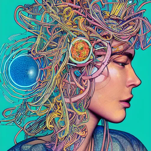 Prompt: the head of a ridiculously beautiful and pretty woman partially made of onion rings of all colors looking up, an ultrafine detailed illustration by james jean, final fantasy, intricate linework, bright colors, behance contest winner, vanitas, angular, altermodern, unreal engine 5 highly rendered, global illumination, radiant light, detailed and intricate environment