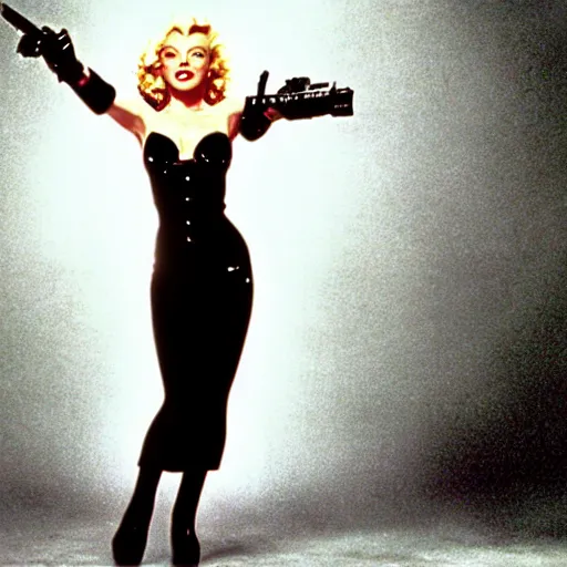 Image similar to marilyn monroe as trinity from the matrix, film still