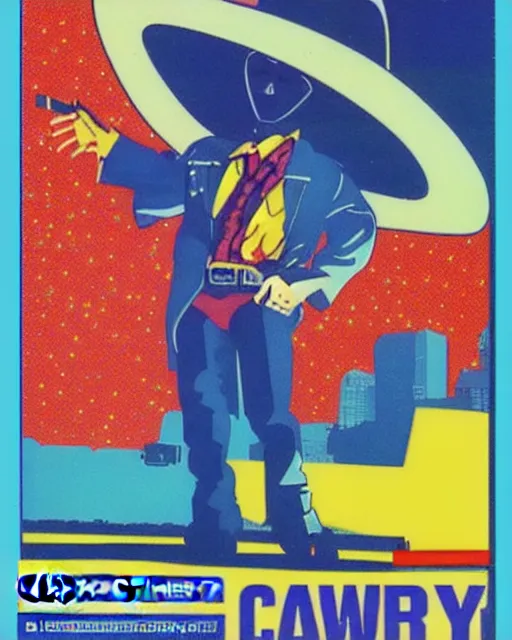 Image similar to laser disk cowboy, 9 0's magazine ad art style