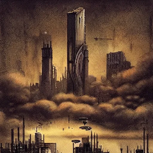 Prompt: A city in the clouds, floating islands, cyberpunk, noir, film noir, detectives, suspense, steam punk, anachronism, art nouveau, neo-noir, by Juan Morey and Santiago Caruso