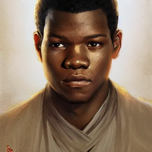 Image similar to portrait of a man by greg rutkowski, young jedi kinght that looks like john boyega, wearing jedi robes, star wars expanded universe, he is about 3 0 years old, highly detailed portrait, digital painting, artstation, concept art, smooth, sharp foccus ilustration, artstation hq