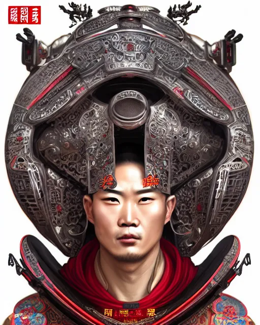 Image similar to portrait of a chinese masculine male cyberpunk machine, machine face, upper half portrait, decorated with chinese opera motifs, muscular, asian, fine china, wuxia, traditional chinese art intricate intense elegant 京 剧 highly detailed symmetry headpiece digital painting artstation concept art smooth sharp focus illustration, art by artgerm and greg rutkowski alphonse mucha 8 k