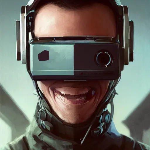 Image similar to Portrait of a man by Greg Rutkowski, symmetrical face, a marine with a helmet, using a VR Headset, Kubric Stare, crooked smile, he's wearing a modern tacitcal gear, highly detailed portrait, scifi, digital painting, artstation, book cover, cyberpunk, concept art, smooth, sharp foccus ilustration, Artstation HQ