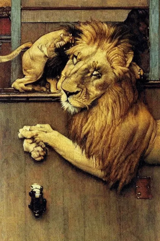 Image similar to a sad lion by norman rockwell