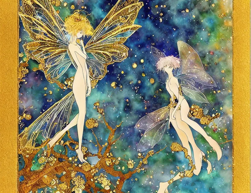 Prompt: faerie bird in a crystal cave. this watercolor and gold leaf work by the award - winning mangaka has a beautiful composition and intricate details.