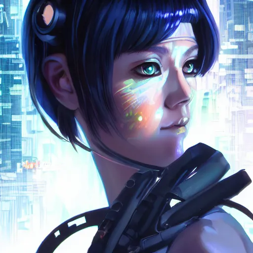 Image similar to A comic potrait of a cyberpunk cyborg girl with big and cute eyes, fine-face, realistic shaded perfect face, fine details. Night setting. Very anime style. Realistic shaded lighting poster by Ilya Kuvshinov katsuhiro, magali villeneuve, artgerm, Jeremy Lipkin and Michael Garmash, Rob Rey and Kentarõ Miura style, trending on art station