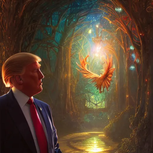 Prompt: ultra realistic illustration of magical president trump, forest, fantasy, colorful lights, intricate, elegant, highly detailed, digital painting, artstation, concept art, smooth, sharp focus, illustration, art by artgerm and greg rutkowski and alphonse mucha