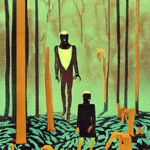 Image similar to sci - fi, hunters of monsters walking in a meat and bone forest, art by karel thole