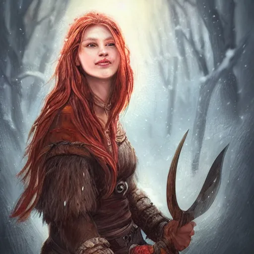 Image similar to epic portrait An viking woman smiling in blizzardy winter, beauty, pretty face, glossy skin, beautiful eyelashes, red long flowing hair, blurry backround, digital painting, artstation, concept art, soft light, hdri, smooth, sharp focus, illustration, fantasy, intricate, elegant, highly detailed, D&D, matte painting, in the style of Greg Rutkowski and Alphonse Mucha and artemisia, 8k, highly detailed, jurgens, rutkowski, bouguereau, pastoral, rustic, georgic