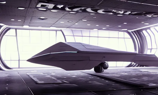 Image similar to octane render, high quality, unreal engine 5, spaceship in hangar