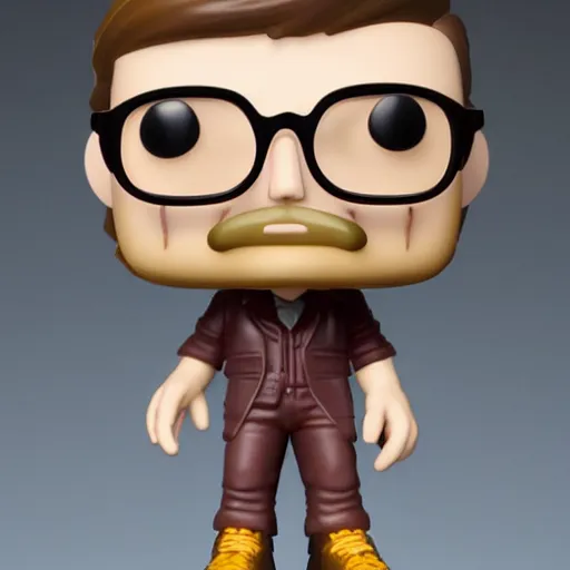 Prompt: a funko pop of german young man with long light brown hair, very short goatee and light round glasses, in a funko pop box that says ultra