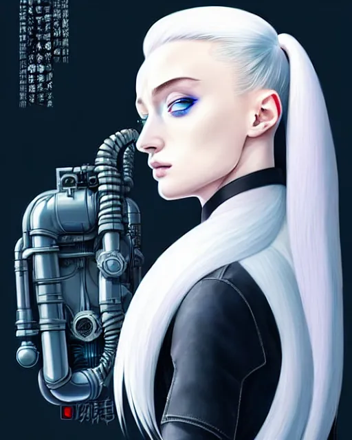 Image similar to white haired cyborg sophie turner wears octopus!!! shaped gas mask, fine detail!! anime!! realistic shaded lighting!! poster by ilya kuvshinov katsuhiro otomo ghost in the shell, rutkowski giger villeneuve artgerm garmash and rob rey