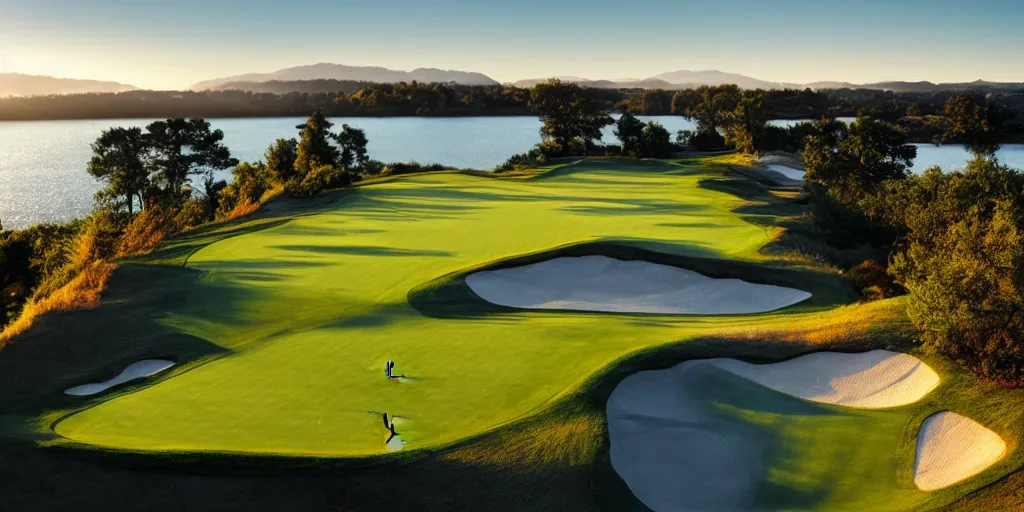 Image similar to a great photograph of the most amazing golf hole in the world completely surrounded by water, calm water, perfect light, ambient light, 5 0 mm, golf digest, top 1 0 0, fog