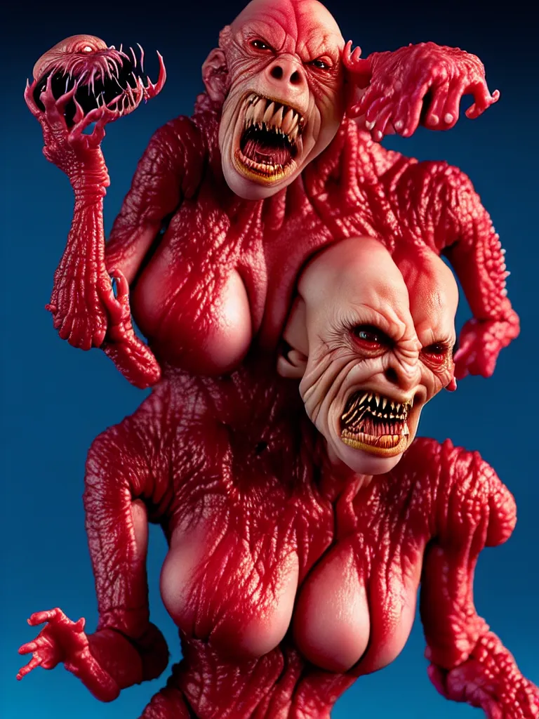 Image similar to hyperrealistic rendering, fat smooth john carpenter flesh monster natalie portman by bernie wrightson and killian eng and joe fenton, product photography, action figure, sofubi, studio lighting, colored gels, colored background