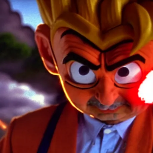 Image similar to mr. bean as goku from dragonball z. movie still. cinematic lighting.