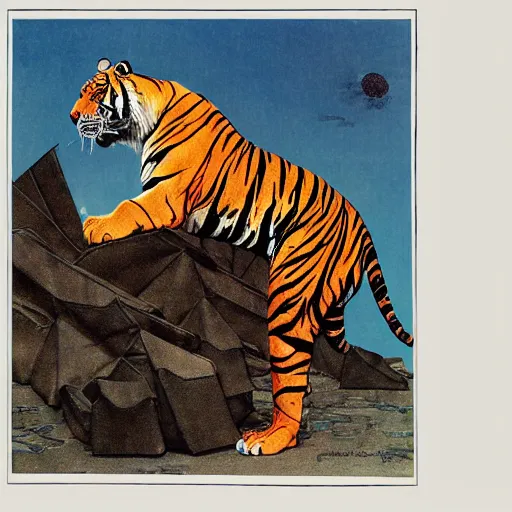 Prompt: [ origami tiger ] by moebius, norman rockwell, frank frazetta, and syd mead