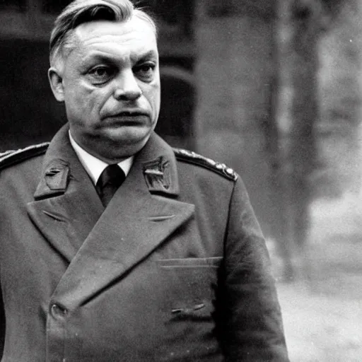 Image similar to leader of fascist hungary, viktor orban, overseeing the war torn city of budapest during the siege 1 9 4 5