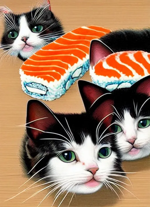 Image similar to clear photorealistic picture of adorable cats made out of sushi