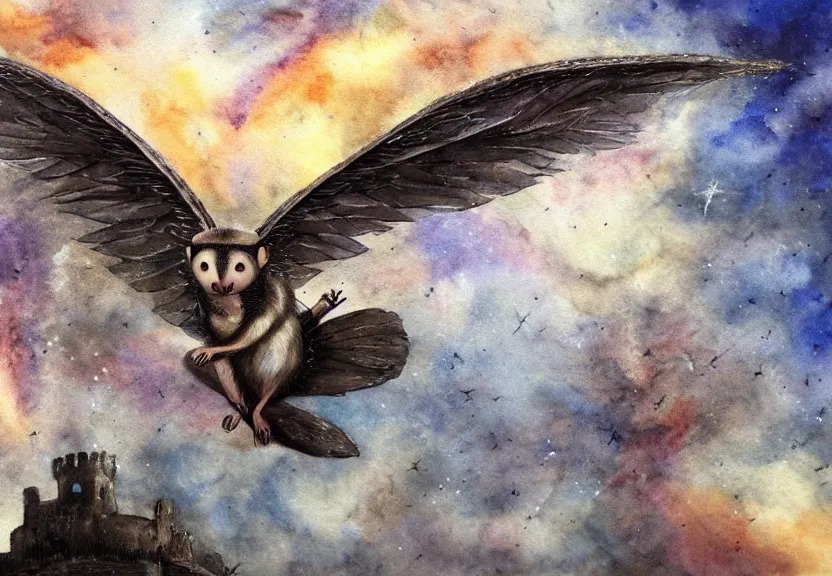 Image similar to epic winged possum flying over a medieval castle under a dark starred sky, dark fantasy, watercolor, dreaming illusion, highly detailed, 4k, trending on Artstation, award-winning