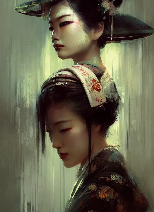 Image similar to female geisha girl, beautiful face, intricate outfit, spotlight, by greg rutkowski, by jeremy mann, digital painting