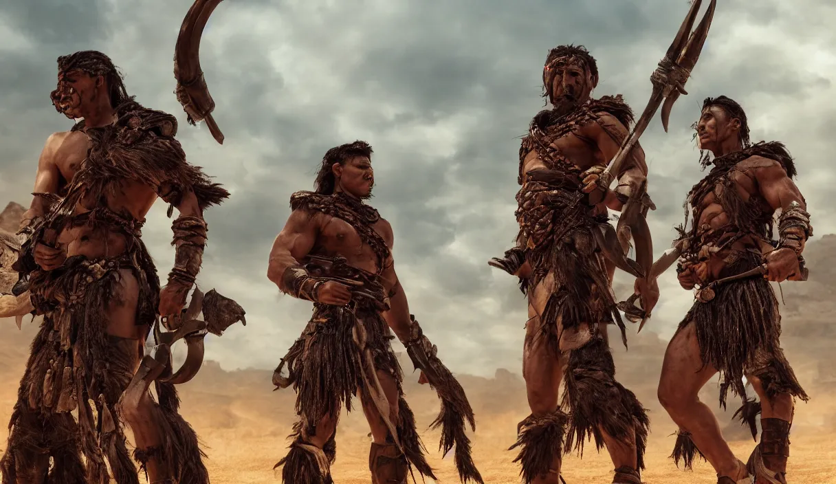Image similar to two ancient tribesman with futuristic weapons standing in front of barbarian horde, handsome symmetrical faces, muscular bodies, dramatic lighting, cinematic, establishing shot, extremely high detail, photorealistic, 300 the movie,monster hunter the movie, monster hunter, cinematic lighting, artstation, octane render, western,old photo, vintage