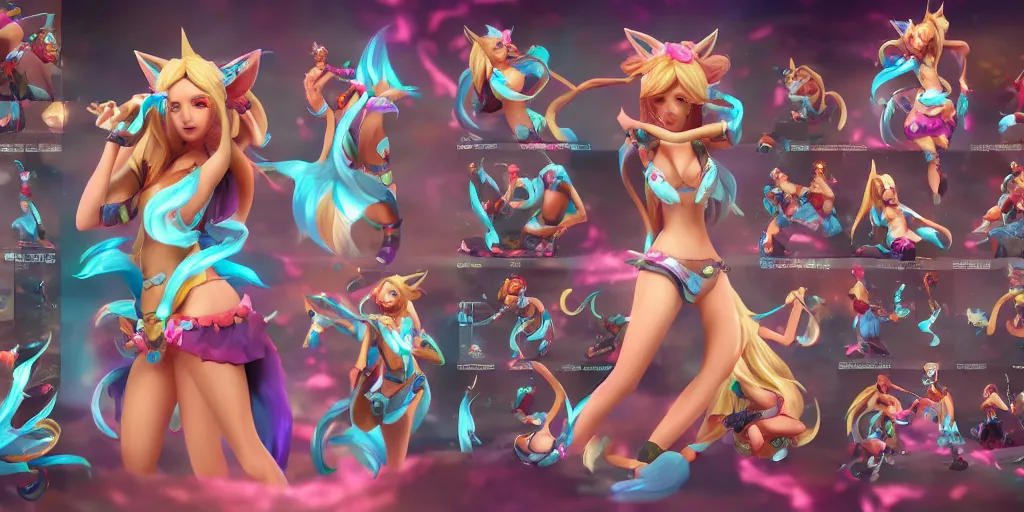 Prompt: character sheet of pool party Ahri (wild rift), multiple angles, symmetric face, 3d render, octane render, 4K, highly detailed