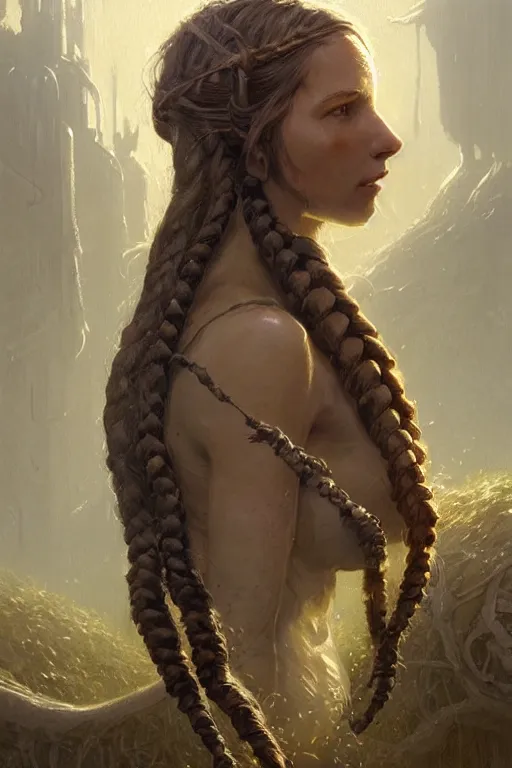 Prompt: concept art by greg rutkowski and wlop of a beautiful female young farmer girl with long brown braided hair designed by pixar and h. r. giger, scifi, detailed and intricate environment, in a farm, book cover, highly detailed portrait, digital painting, artstation, concept art, smooth, sharp focus illustration, artstation hq