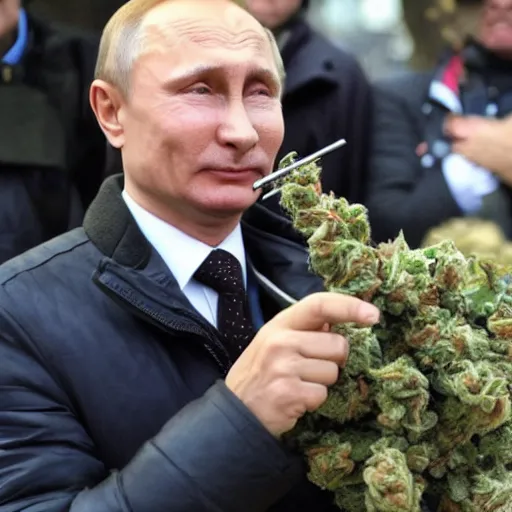 Image similar to Vladimir Putin smoking huge amounts of cannabis with a bong