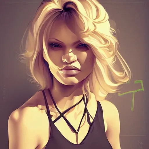 Image similar to alternative pamela anderson portrait look alike, cubism abstract, art by ross tran style reminiscent of illustrative children books, digital art