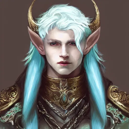 Image similar to handsome male snow elf in a turquoise cape and silver ornate armour, highly detailed face, albino skin, pointed ears, ethereal opalescent mist, moonlight snow, fantasy art, perfect face, elegant, very coherent symmetrical artwork, atmospheric lighting, rule of thirds, by wenjun lin, krenz cushart, charlie bowater, trending on artstation