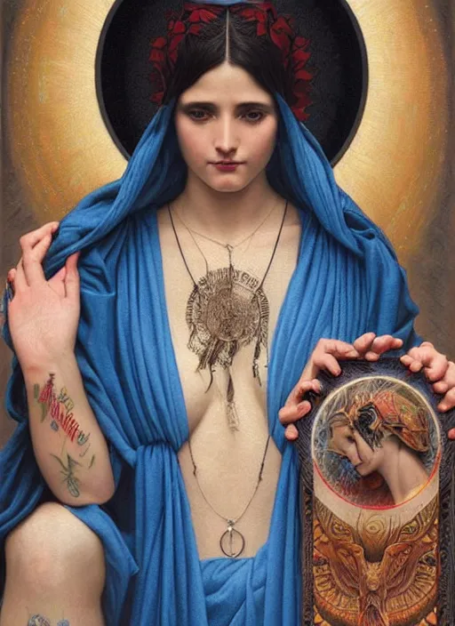 Image similar to beautiful enlightened cult magic psychic woman with tattoos, oil painting, robe, symmetrical face, greek dark ritual myth, by John William Godward and Anna Dittman, masterpiece