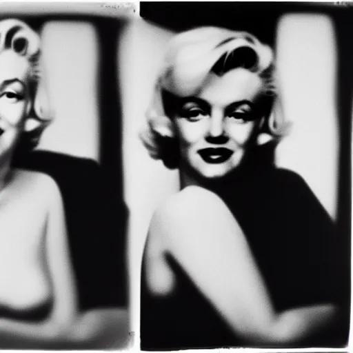 Image similar to damaged photo of marilyn monroe and jfk by diane arbus, black and white, high contrast, out of focus, rolleiflex, 5 5 mm f / 4 lens
