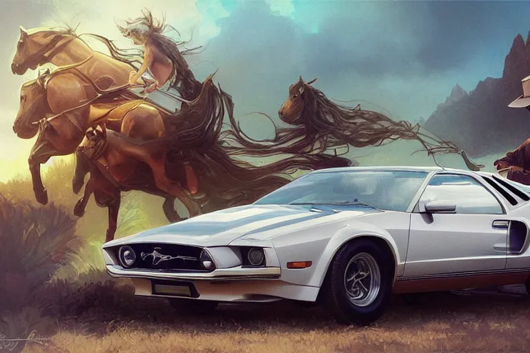 Prompt: luxury antique ford mustang + countach, highly detailed, digital painting, artstation, concept art, sharp focus, illustration, art by artgerm and greg rutkowski and alphonse mucha