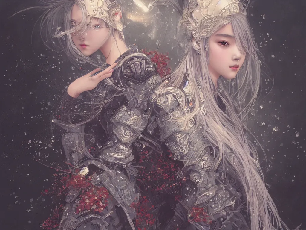 Image similar to portrait jisoo blackpink, grey hair armored samurai clothes, in fire japanese temple wet night, ssci - fi and fantasy, intricate and very very beautiful and elegant, highly detailed, digital painting, artstation, concept art, smooth and sharp focus, illustration, art by tian zi and wlop and alphonse mucha