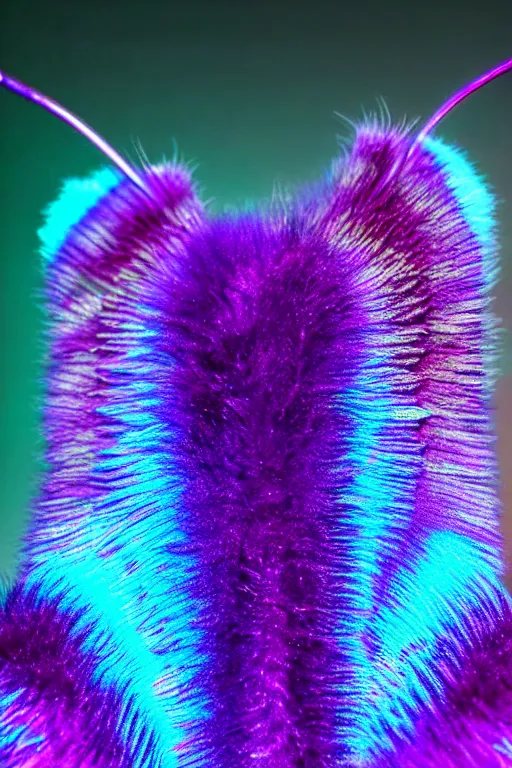 Image similar to high quality macro photo pearlescent furry moth! jeweled gorgeous! highly detailed david ligare elson peter cinematic purple neon lighting high quality low angle hd 8k sharp shallow depth of field