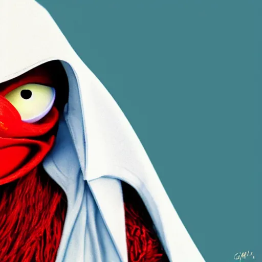 Prompt: “ elmo as obi wan kenobi from star wars. hood up, holding a lightsaber. detailed, digital art. 8 k ”