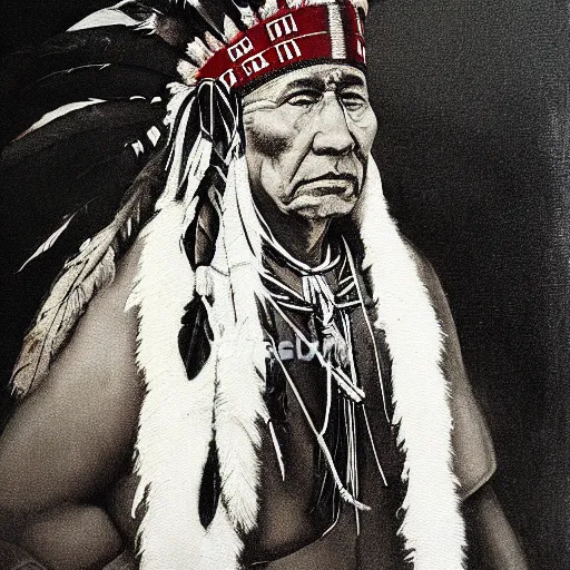 Prompt: a painting of a native american chief, in traditional dress, by atrgerm